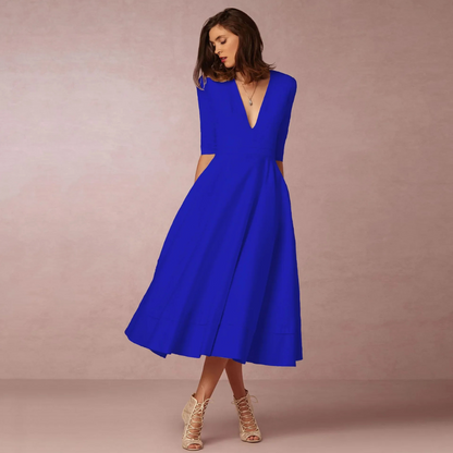 Suzan | Dames Jurk met Diepe V-Hals | Midi met Hoge Taille