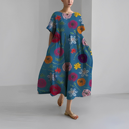 Rosa | Dames Linnen Zomer Jurk | Midi Jurk met Print