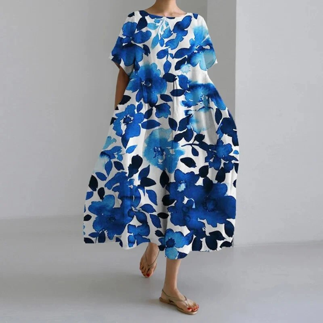 Rosa | Dames Linnen Zomer Jurk | Midi Jurk met Print