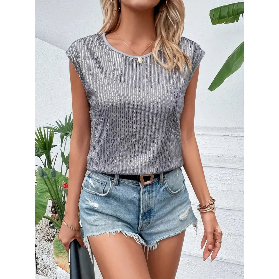 Kim | Dames Mouwloze Pailletten Top | Glitter met Ronde Hals