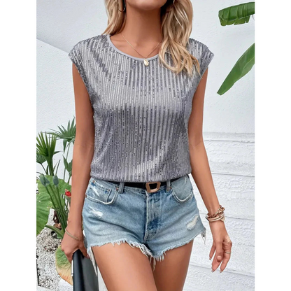 Kim | Dames Mouwloze Pailletten Top | Glitter met Ronde Hals