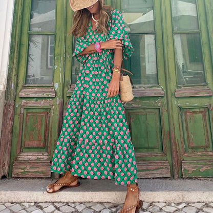 Barbara | Dames Maxi Jurk | Groene V-hals Strandjurk met Pofmouw