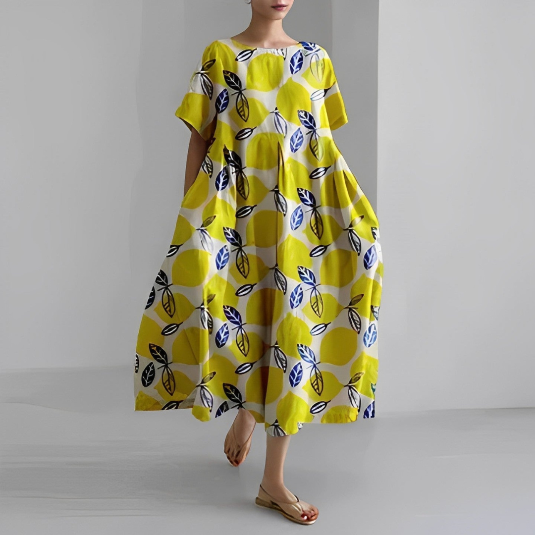 Rosa | Dames Linnen Zomer Jurk | Midi Jurk met Print
