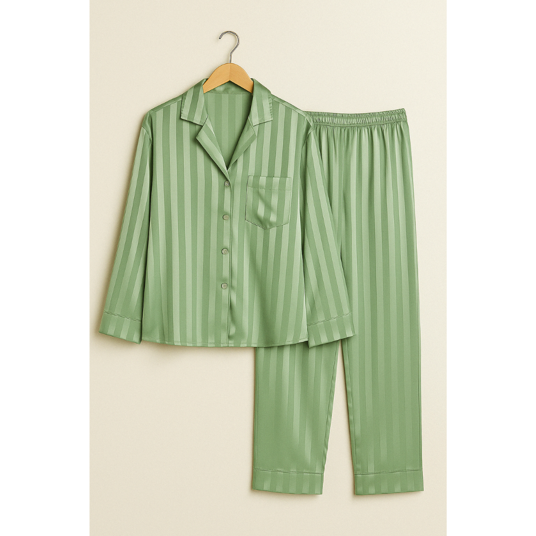 Renske | Dames Gestreepte Satijnen Pyjama Set met Knoopsluiting