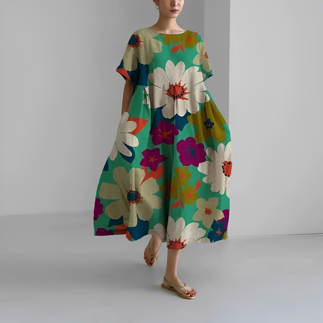 Rosa | Dames Linnen Zomer Jurk | Midi Jurk met Print