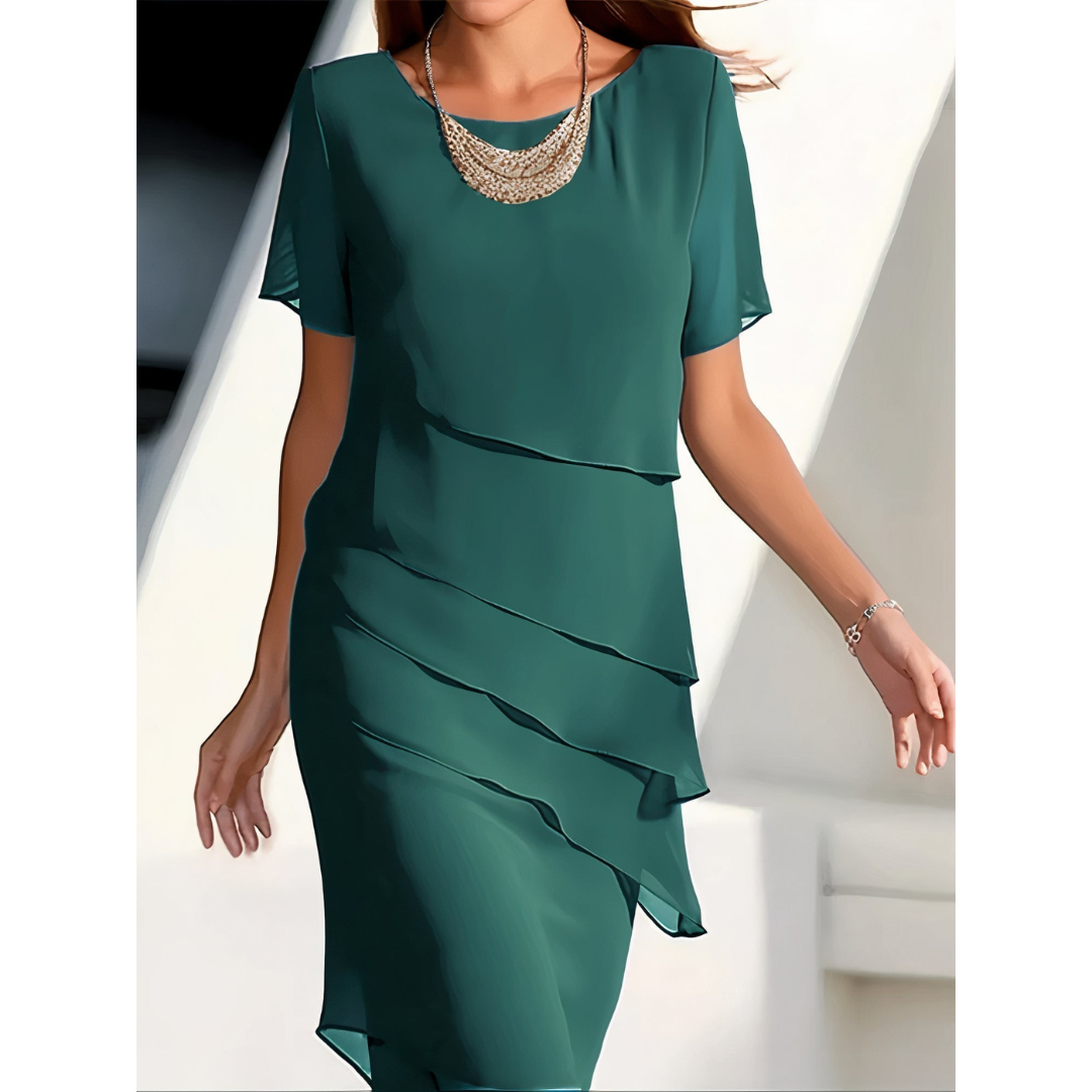 Sacha | Dames Gestreepte Chiffon Midi-Jurk met Ronde Hals