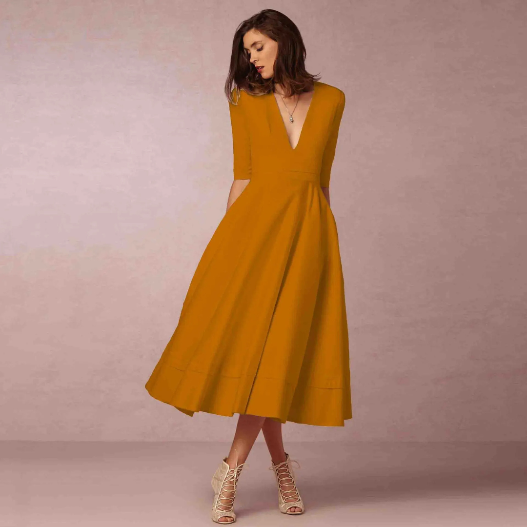 Suzan | Dames Jurk met Diepe V-Hals | Midi met Hoge Taille