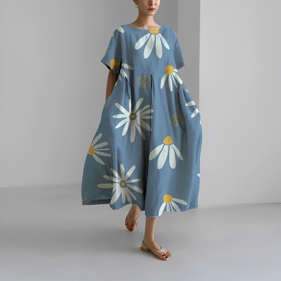 Rosa | Dames Linnen Zomer Jurk | Midi Jurk met Print