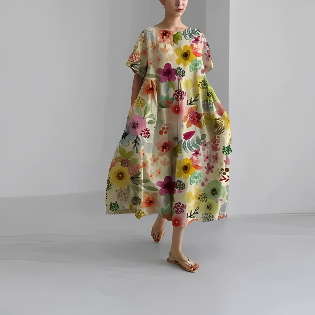 Rosa | Dames Linnen Zomer Jurk | Midi Jurk met Print