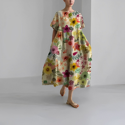 Rosa | Dames Linnen Zomer Jurk | Midi Jurk met Print