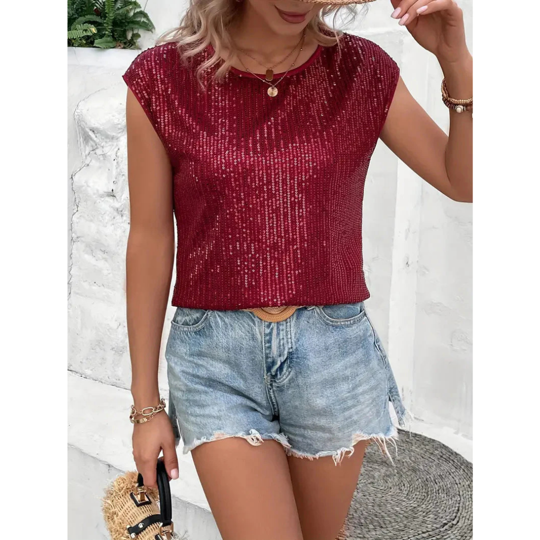Kim | Dames Mouwloze Pailletten Top | Glitter met Ronde Hals
