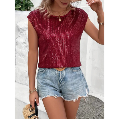 Kim | Dames Mouwloze Pailletten Top | Glitter met Ronde Hals
