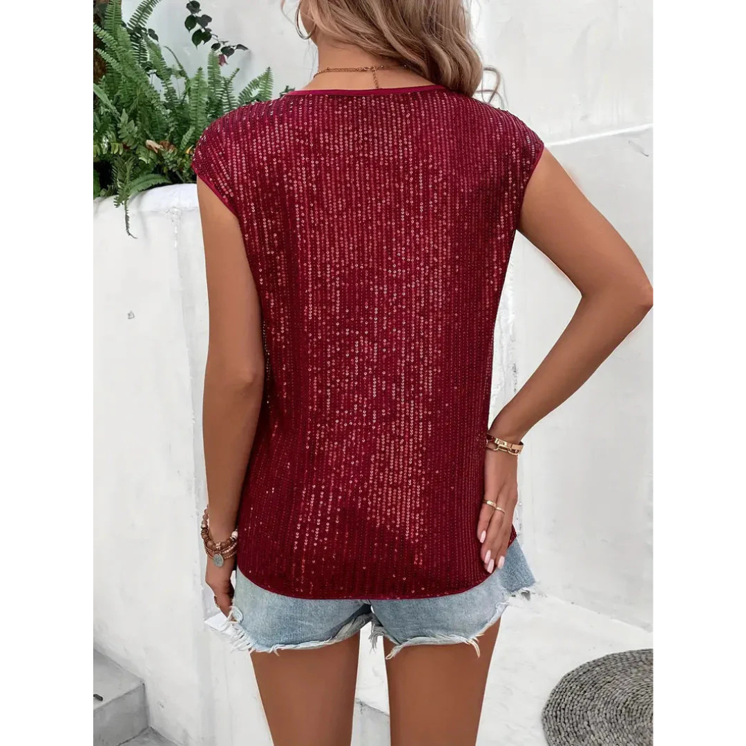 Kim | Dames Mouwloze Pailletten Top | Glitter met Ronde Hals