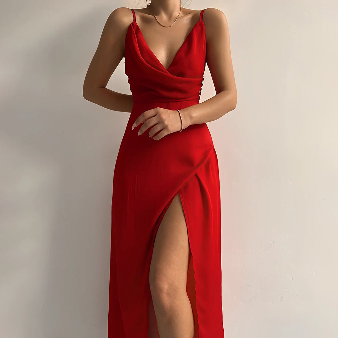 Imke | Dames Mouwloze V-Hals Jurk | Midi-Jurk met Open Rug