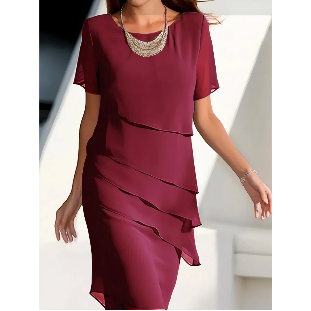 Sacha | Dames Gestreepte Chiffon Midi-Jurk met Ronde Hals