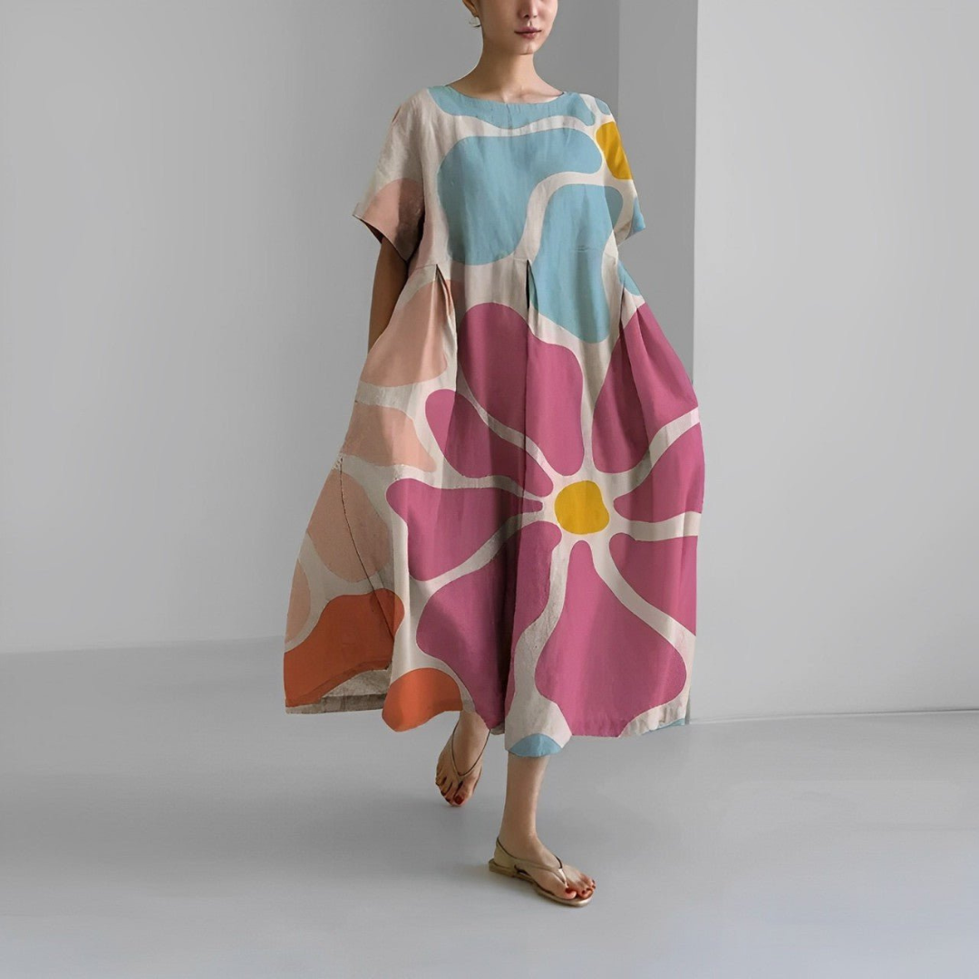 Rosa | Dames Linnen Zomer Jurk | Midi Jurk met Print