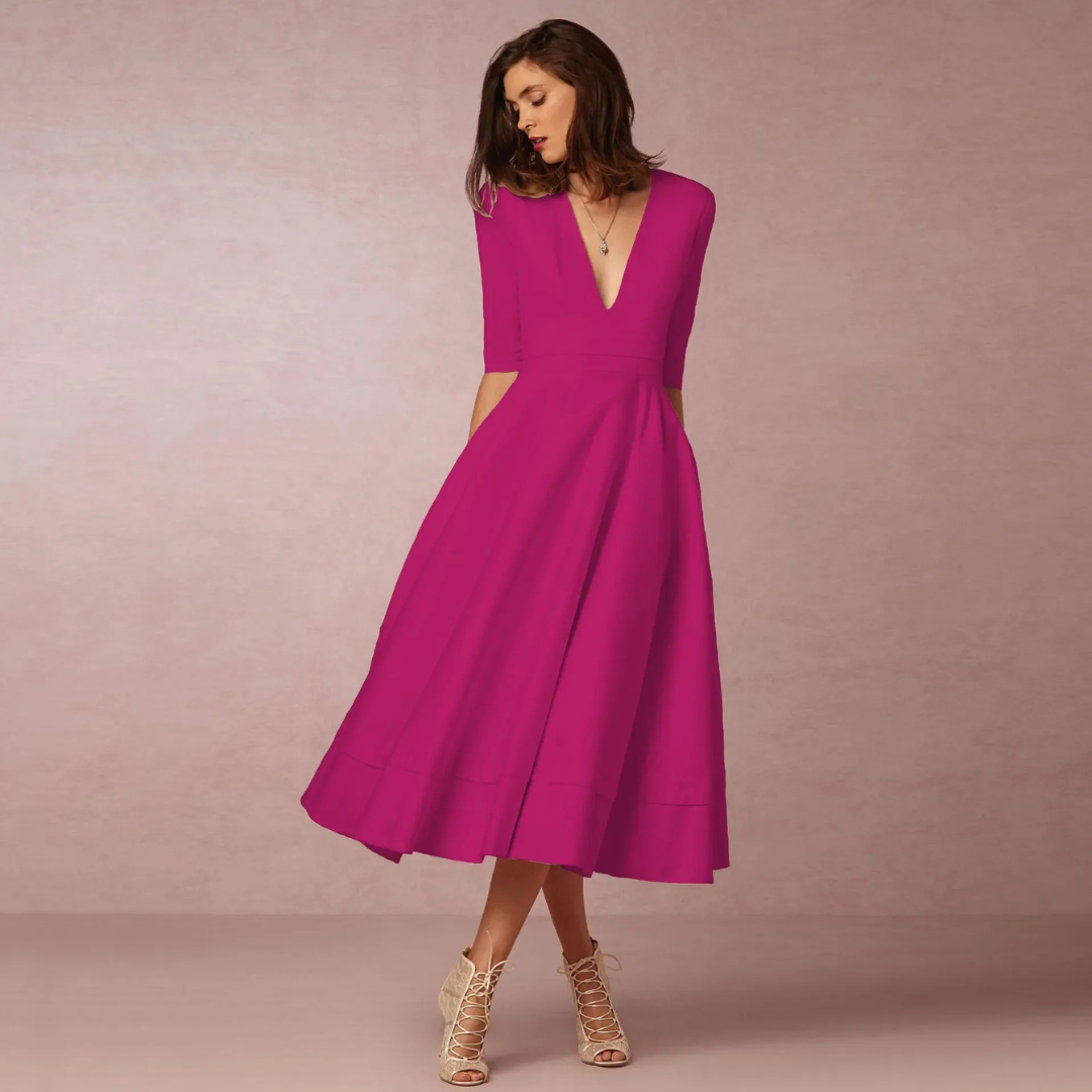 Suzan | Dames Jurk met Diepe V-Hals | Midi met Hoge Taille