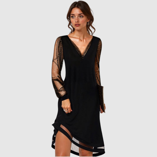 Laura | Dames Pailletten Jurk | Mini V-Hals met Transparante Mouwen
