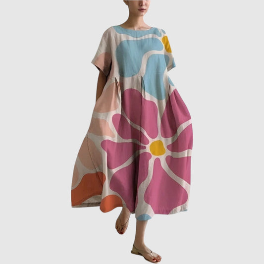 Rosa | Dames Linnen Zomer Jurk | Midi Jurk met Print
