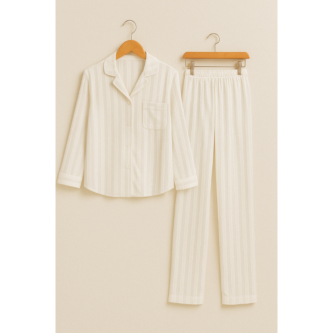 Renske | Dames Gestreepte Satijnen Pyjama Set met Knoopsluiting