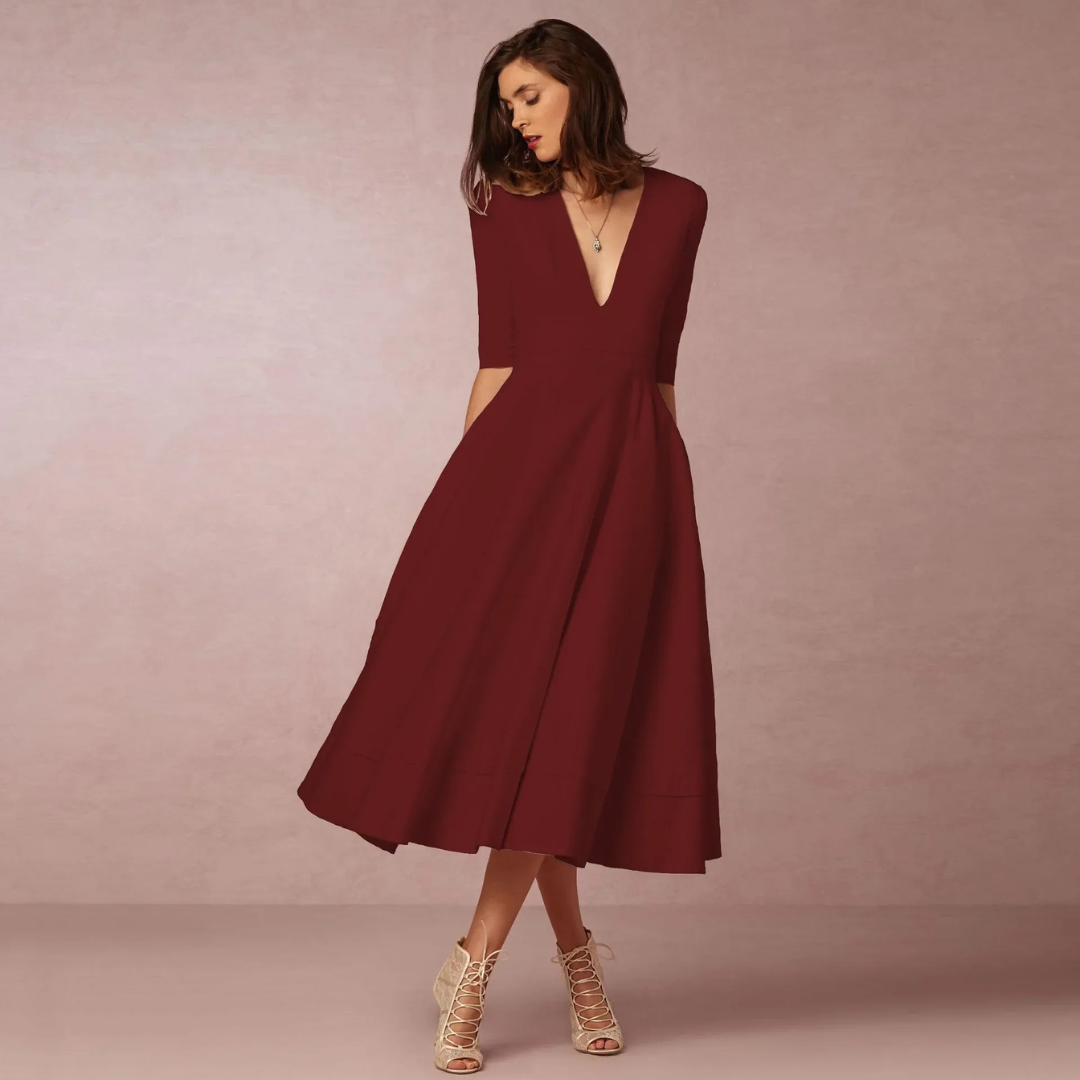 Suzan | Dames Jurk met Diepe V-Hals | Midi met Hoge Taille