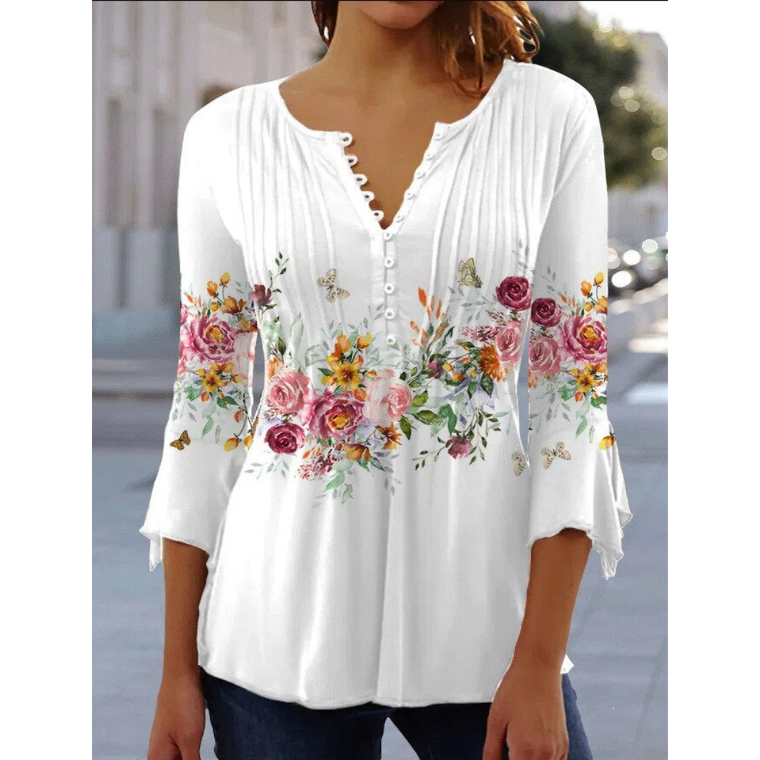 Marie | Dames Blouse | Bloemenprint V-Hals Korte Mouwen