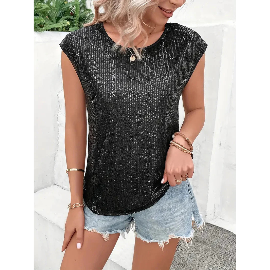 Kim | Dames Mouwloze Pailletten Top | Glitter met Ronde Hals