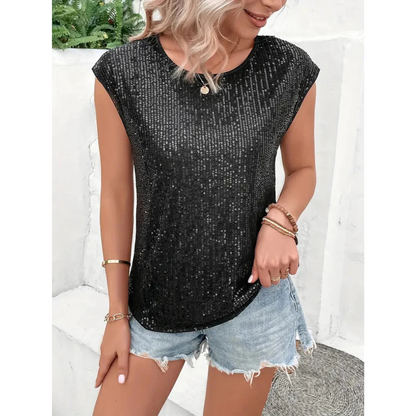 Kim | Dames Mouwloze Pailletten Top | Glitter met Ronde Hals