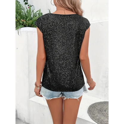 Kim | Dames Mouwloze Pailletten Top | Glitter met Ronde Hals