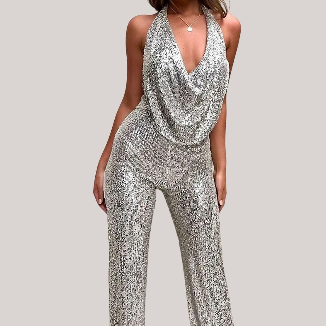 Amira | Dames Glitter Jumpsuit met V-Hals en Open Rug