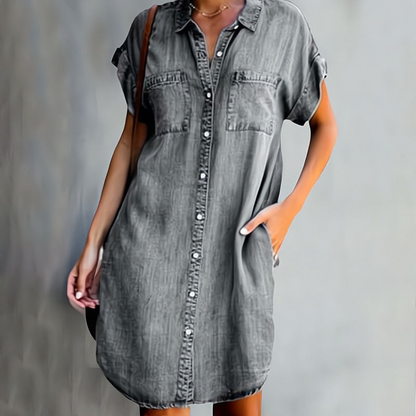 Cato | Dames Spijker Jurk met Korte Mouwen | Midi met Zakken