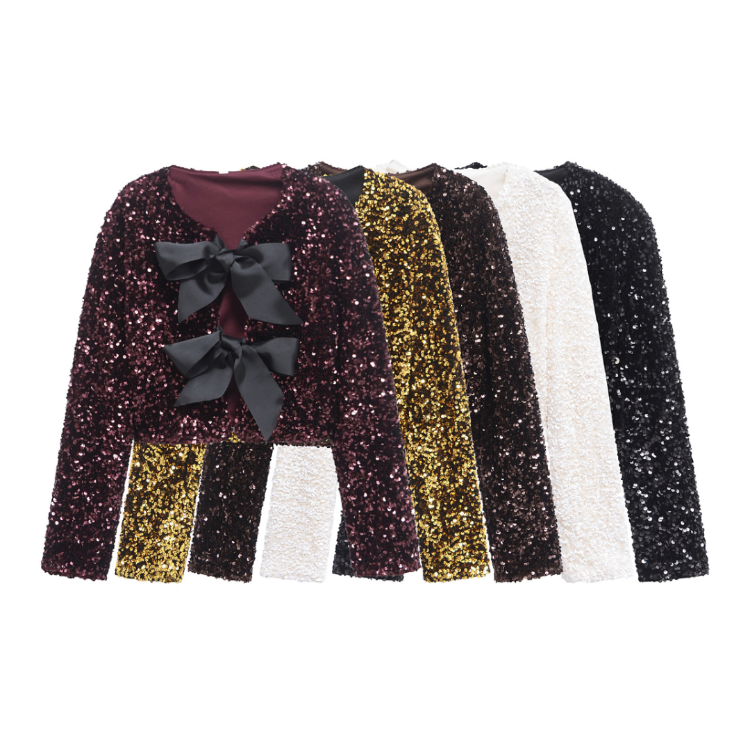 Carlijn | Dames Cropped Jas met Strik & Lovertjes