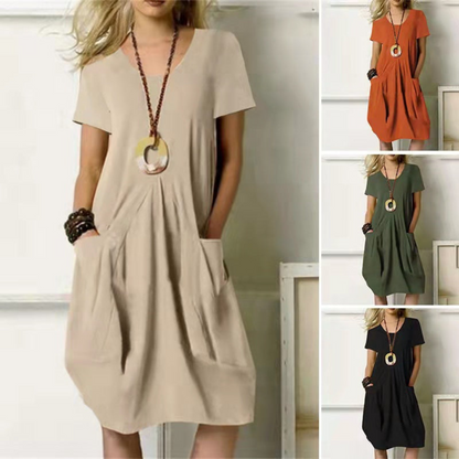 Susan | Dames Zomer Jurk met Ronde Hals | Midi met Zakken
