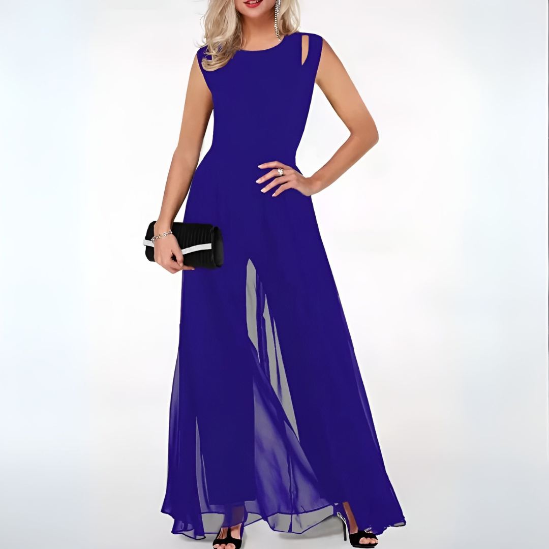Lilian | Dames Mouwloze Chiffon Jumpsuit met Wijde Pijpen