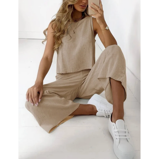 Yvette | Dames Linnen Tweedelige Set | Mouwloze Top en Casual Broek