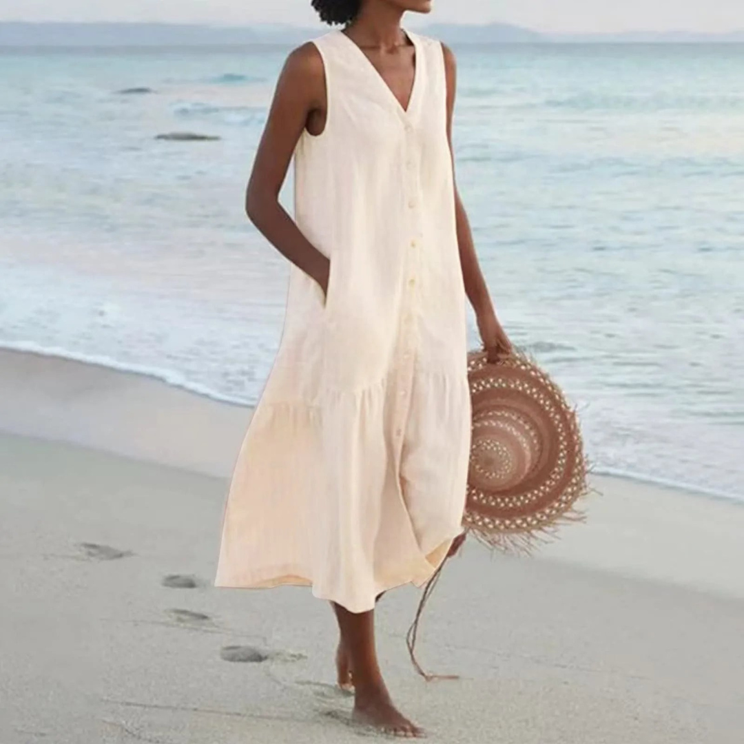 Diede | Dames Strand Jurk met Zakken | Midi met Knoopsluiting