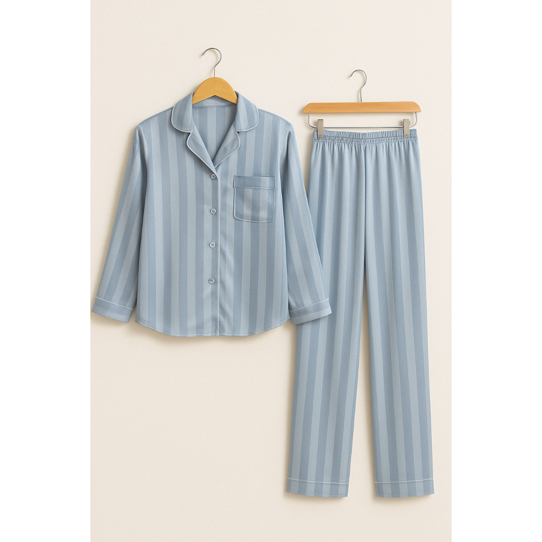 Renske | Dames Gestreepte Satijnen Pyjama Set met Knoopsluiting