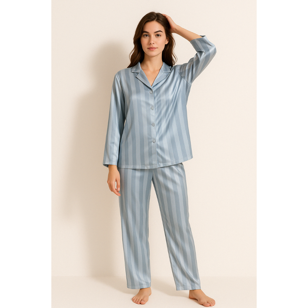 Renske | Dames Gestreepte Satijnen Pyjama Set met Knoopsluiting