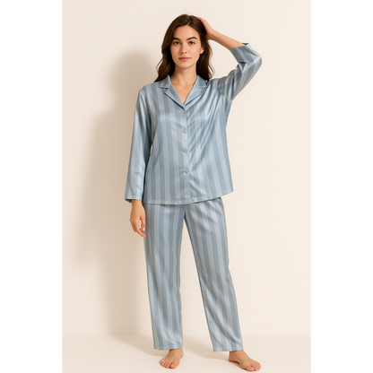 Renske | Dames Gestreepte Satijnen Pyjama Set met Knoopsluiting