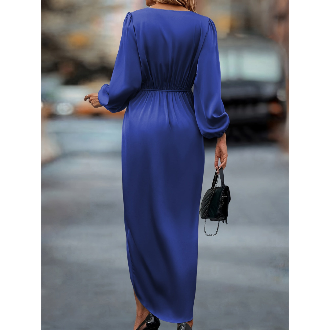 Jules | Dames Satijnen Jurk | Maxi Knoopdetail Taille V-Hals