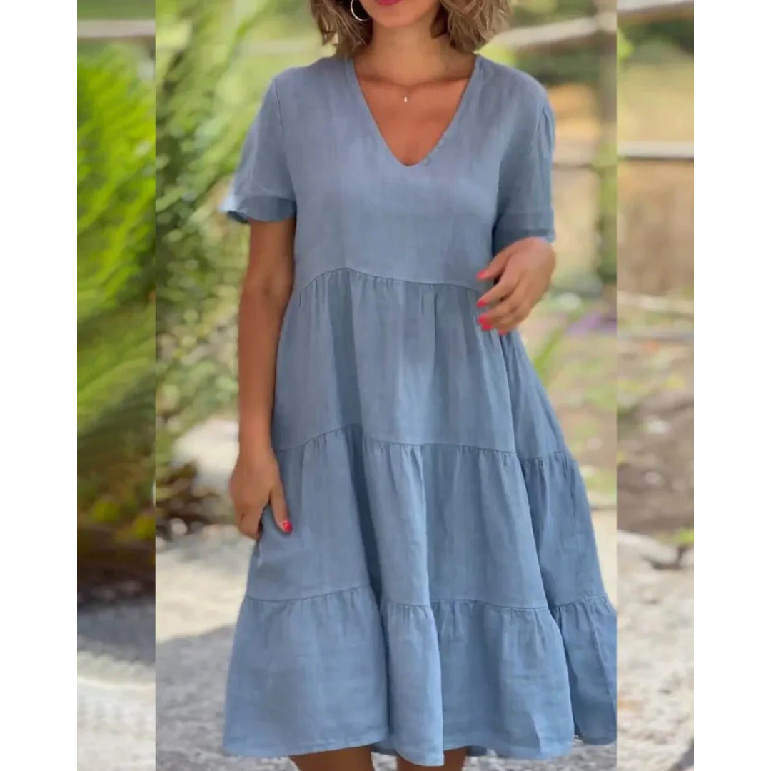 Corine | Dames Linnen Strand Jurk | Midi met V-Hals