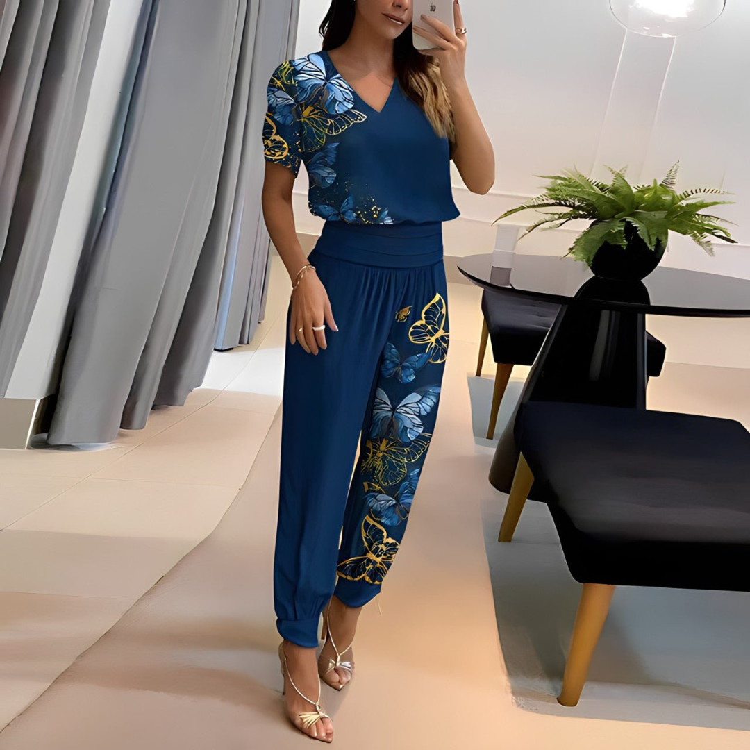 Chantal | Dames Set met V-hals Crop Top & Wijde Broek met Zakken