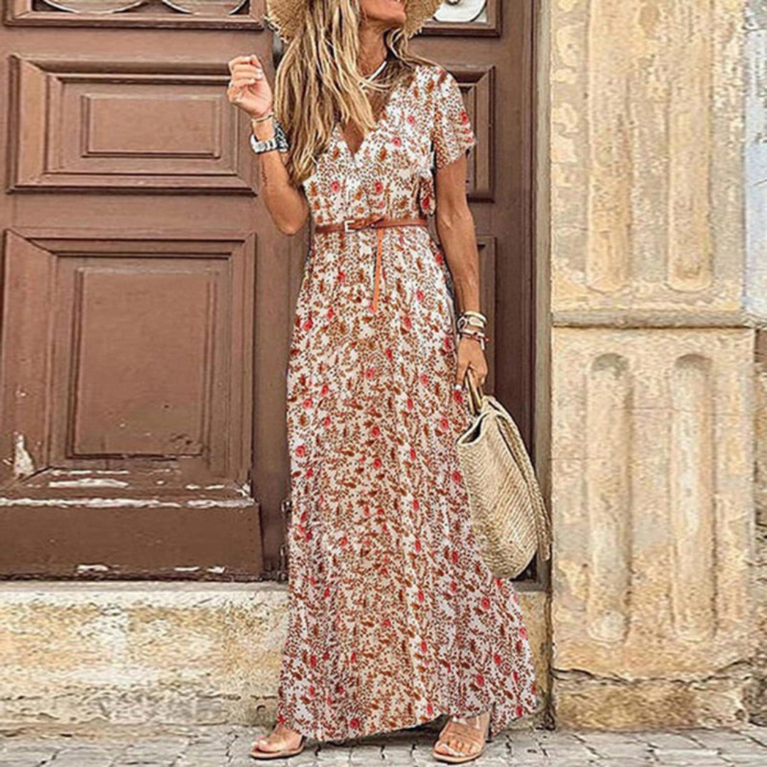 Merel | Dames Boho Jurk met V-Hals en Paisley Print | Maxi Jurk Zomer met Riem