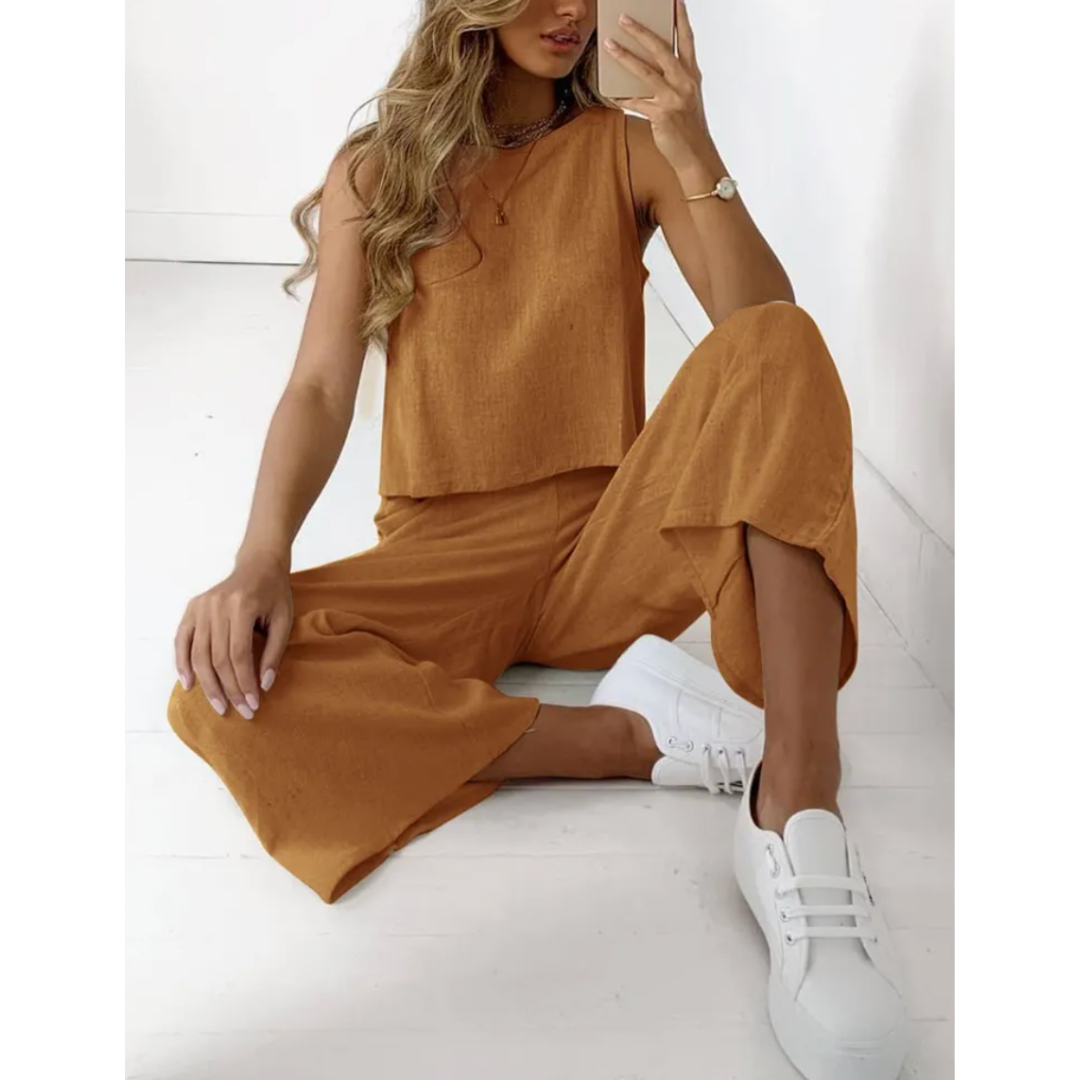Yvette | Dames Linnen Tweedelige Set | Mouwloze Top en Casual Broek