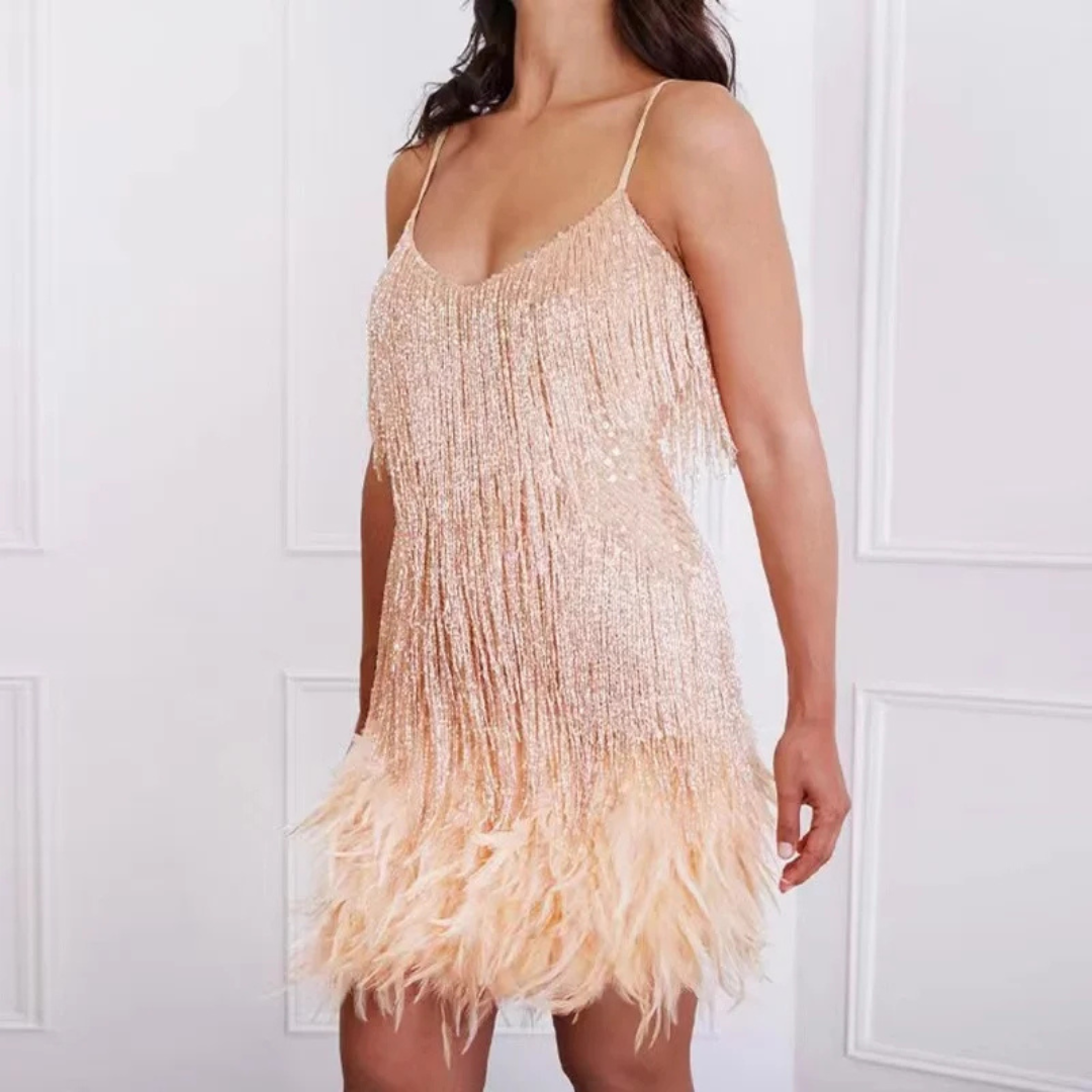 Veerle | Dames Glitter Jurk | Mini met Paillettenveren