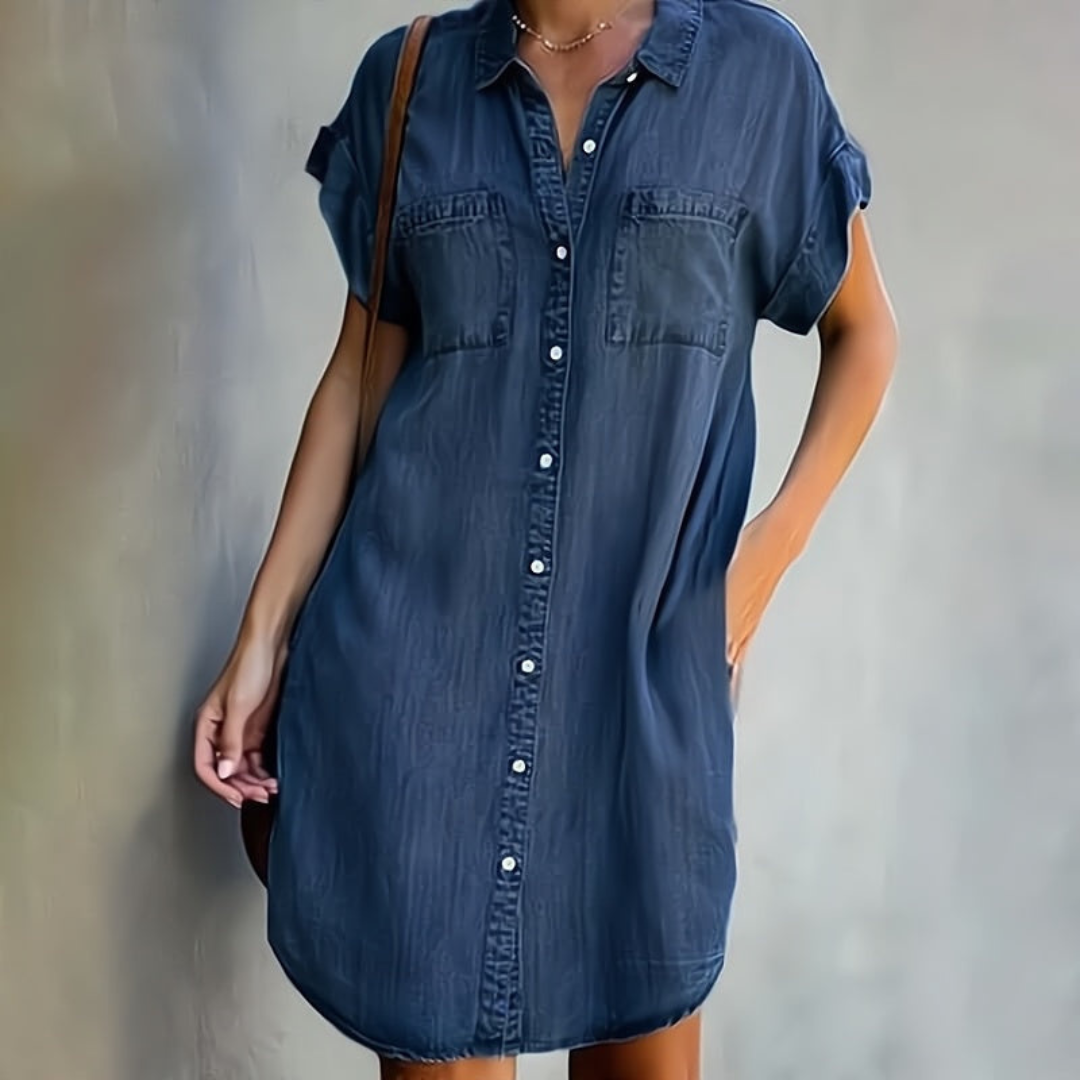 Cato | Dames Spijker Jurk met Korte Mouwen | Midi met Zakken