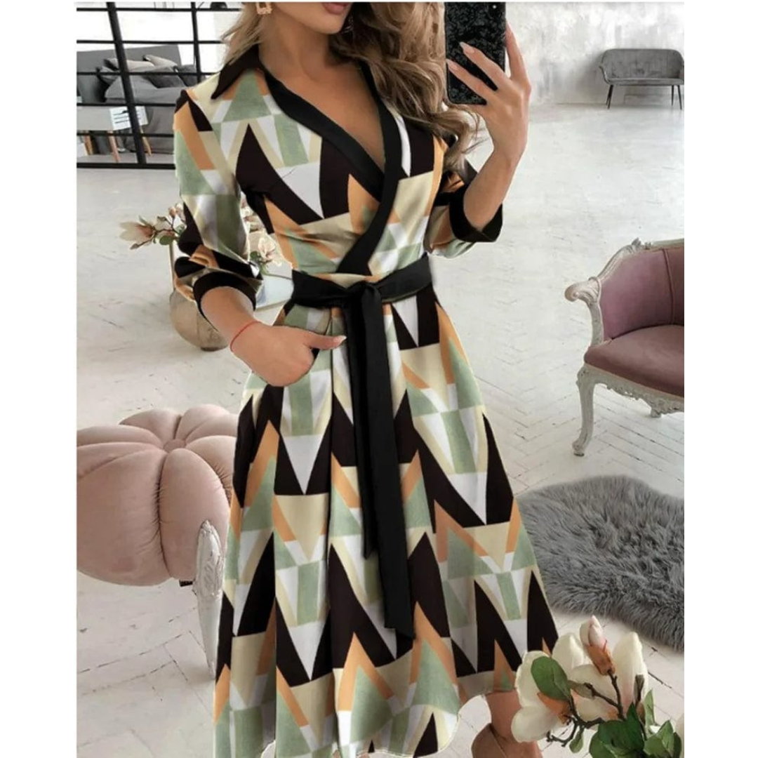 Daphne | Dames V-Hals Jurk met Lange Mouwen | Midi Casual & Feestjurk