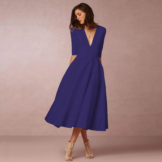 Suzan | Dames Jurk met Diepe V-Hals | Midi met Hoge Taille