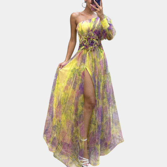 Fien | Dames Bloemen Print Jurk met Roosdetail | Maxi met Zijsplit