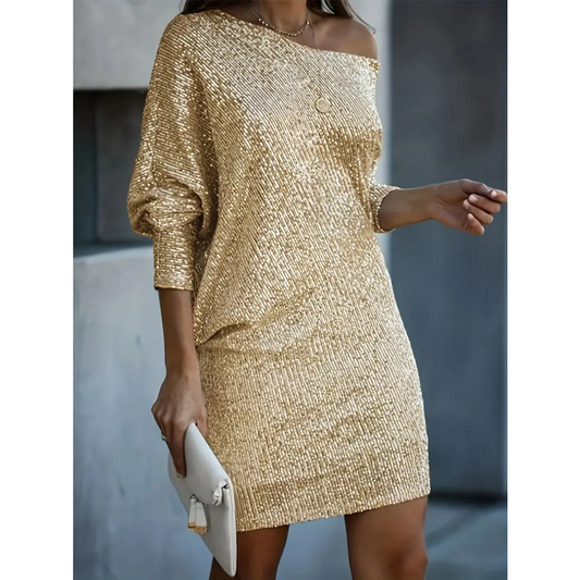 Pien | Dames Pailletten Glitter Jurk met Open Schouder | Mini met Korte Mouwen